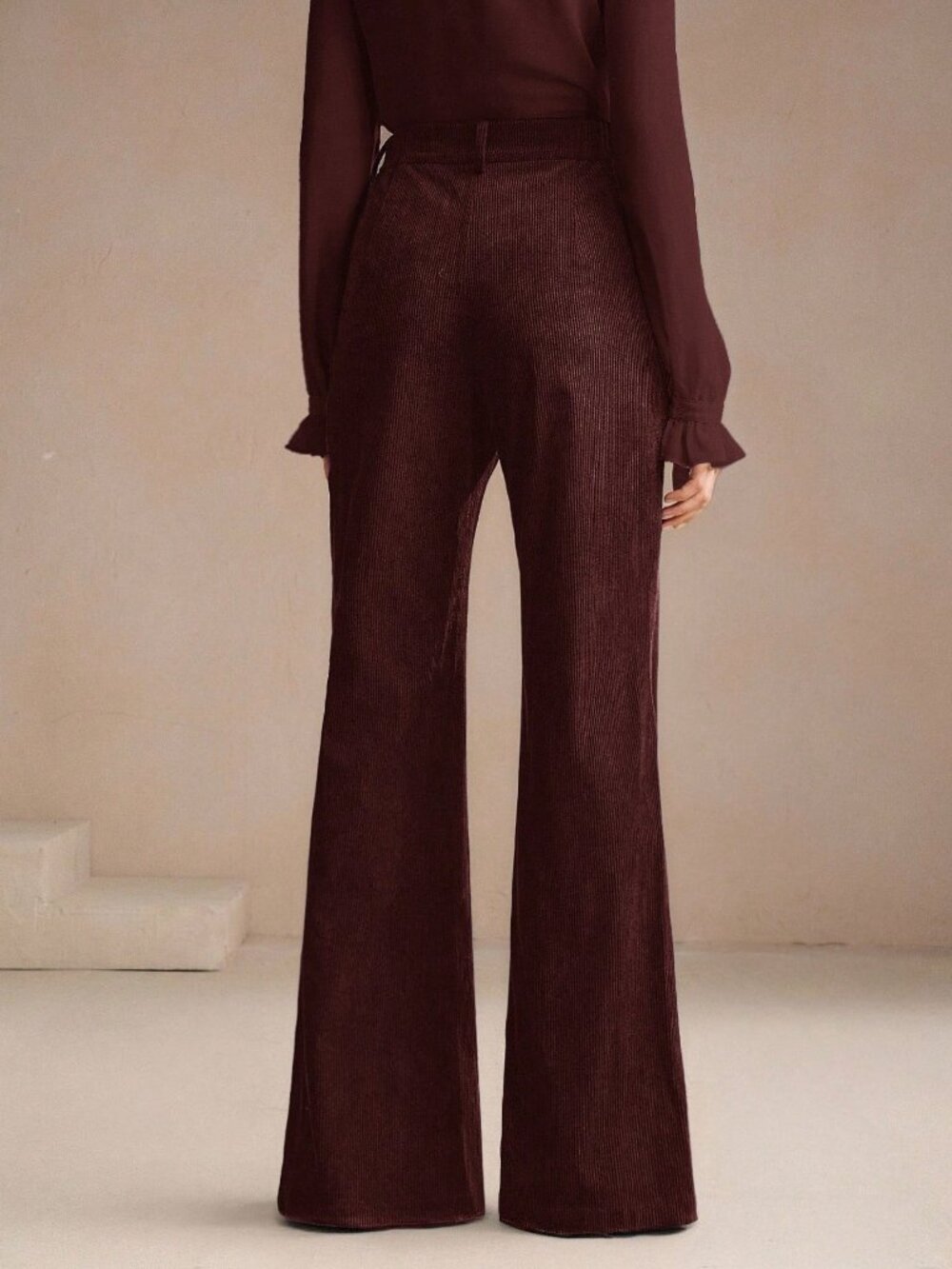 Rust Brown Casual Women's Embroidered Corduroy Flare Trousers - Picture 2 of 8